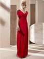 Red V-neck Side Zipper Beading and Ruching Evening Dress Short Sleeves
