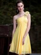 One Shoulder Yellow Sleeveless Hand Made Flower Mini Length Prom Homecoming Dress