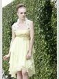 Suitable Light Yellow Column/Sheath Beading and Appliques Evening Dress Backless Organza Sleeveless Knee Length