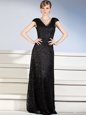 Sophisticated Black Homecoming Dress Prom and Party and For with Beading and Lace V-neck Cap Sleeves Brush Train Side Zipper