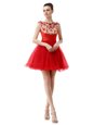 Beading and Ruching Dress for Prom Red Zipper Cap Sleeves Mini Length
