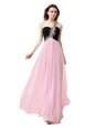 One Shoulder Pink And Black Sleeveless Beading and Appliques and Ruffles Floor Length Prom Dress