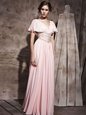 Ideal Pink Column/Sheath V-neck Short Sleeves Chiffon Floor Length Side Zipper Beading and Ruching Evening Dress
