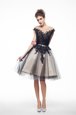 Scoop Knee Length Black Mother Of The Bride Dress Chiffon Cap Sleeves Lace