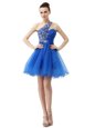 Royal Blue A-line One Shoulder Sleeveless Organza Knee Length Criss Cross Beading Prom Gown