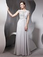 Fashionable Silver Side Zipper Bateau Appliques and Ruching Prom Dresses Chiffon Cap Sleeves