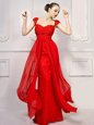 Flare With Train Red Evening Dress Lace Brush Train Cap Sleeves Beading and Lace and Sashes|ribbons