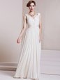 Delicate Chiffon Cap Sleeves Floor Length Dress for Prom and Beading and Ruching