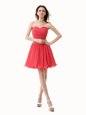 Ideal Watermelon Red Zipper Prom Homecoming Dress Beading and Ruching Sleeveless Mini Length