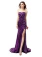 Mermaid Sleeveless Floor Length Beading and Ruffles Side Zipper Celeb Inspired Gowns with Purple Brush Train