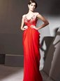 V-neck Cap Sleeves Homecoming Dress Floor Length Beading and Appliques and Ruching Red Chiffon