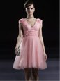 V-neck Sleeveless Zipper Prom Dress Baby Pink Tulle