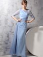 Scoop Half Sleeves Beading and Ruching Zipper Mother Of The Bride Dress