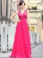 Custom Fit Sleeveless Chiffon With Brush Train Zipper Evening Dress in Hot Pink for with Beading and Sequins