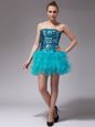 Decent Beading and Ruffles Oscars Dresses Aqua Blue Zipper Sleeveless Mini Length