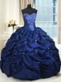 Sweet Navy Blue Taffeta Lace Up Quinceanera Dress Sleeveless Floor Length Appliques and Pick Ups