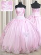 Sleeveless Taffeta Floor Length Lace Up 15th Birthday Dress in Baby Pink for with Appliques