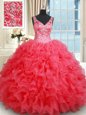 Fabulous Coral Red Sweet 16 Dress Military Ball and Sweet 16 and Quinceanera and For with Beading and Ruffles V-neck Sleeveless Backless