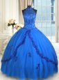 Hot Selling See Through Floor Length Blue Quinceanera Gown Halter Top Sleeveless Lace Up