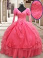 Vintage Organza V-neck Half Sleeves Zipper Beading and Embroidery and Ruffled Layers Quince Ball Gowns in Pink