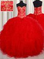 Colorful Red Tulle Lace Up Sweetheart Sleeveless Floor Length Vestidos de Quinceanera Beading and Embroidery