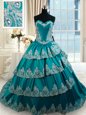 Ruffled Teal Sleeveless Taffeta Lace Up Sweet 16 Dress for Military Ball and Sweet 16 and Quinceanera
