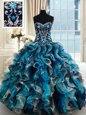 Multi-color Organza Lace Up Sweetheart Sleeveless 15 Quinceanera Dress Brush Train Beading and Embroidery and Ruffles