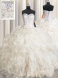 Cheap Sleeveless Organza Floor Length Lace Up Quinceanera Gowns in Champagne for with Beading and Lace and Ruffles