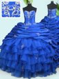 Pick Ups Ruffled With Train Royal Blue Quinceanera Dress Sweetheart Sleeveless Court Train Lace Up