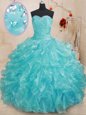 Fashion Aqua Blue Sweetheart Neckline Beading and Ruffles Quinceanera Dresses Sleeveless Lace Up