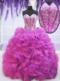 Cheap Purple Lace Up Ball Gown Prom Dress Beading and Ruffles Sleeveless Brush Train