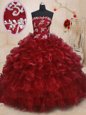 Edgy Burgundy Ball Gowns Strapless Sleeveless Organza Floor Length Lace Up Beading and Ruffles and Ruffled Layers Quince Ball Gowns