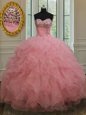 Beading and Ruffles and Sequins 15 Quinceanera Dress Baby Pink Lace Up Sleeveless