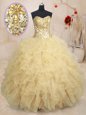 Traditional Champagne Sleeveless Floor Length Beading and Ruffles and Sequins Lace Up Sweet 16 Quinceanera Dress