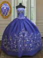 Fine Strapless Sleeveless Quince Ball Gowns Floor Length Embroidery and Bowknot Royal Blue Taffeta