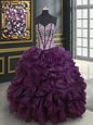 Unique Floor Length Dark Purple Ball Gown Prom Dress Sweetheart Sleeveless Lace Up