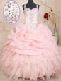 Exceptional Baby Pink Organza Zipper Straps Sleeveless Floor Length Quince Ball Gowns Beading and Ruffles and Pick Ups