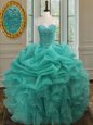 Pick Ups Turquoise Sleeveless Organza Lace Up 15 Quinceanera Dress for Military Ball and Sweet 16 and Quinceanera