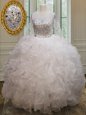 Dynamic Scoop See Through White Ball Gowns Beading and Ruffles Quinceanera Dresses Lace Up Organza Long Sleeves Floor Length