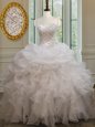 Lovely Sweetheart Sleeveless 15th Birthday Dress Floor Length Beading and Ruffles and Sequins and Hand Made Flower Coral Red Organza