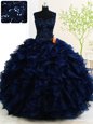 Lovely Straps Navy Blue Sleeveless Beading and Ruffles Floor Length Quinceanera Gowns