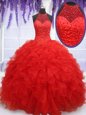 Comfortable Halter Top Floor Length Red Sweet 16 Quinceanera Dress Organza Sleeveless Beading and Ruffles