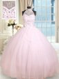 Baby Pink Lace Up Halter Top Beading Sweet 16 Dress Tulle Sleeveless
