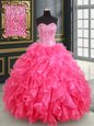 Cute Sleeveless Organza Floor Length Lace Up Quince Ball Gowns in Hot Pink for with Beading and Ruffles and Sequins