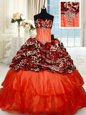 Orange Red Ball Gowns Organza Sweetheart Sleeveless Beading Lace Up Quinceanera Gown Brush Train