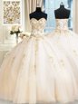Champagne Ball Gowns Tulle Sweetheart Sleeveless Beading Floor Length Lace Up 15th Birthday Dress