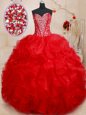 Red Lace Up Sweetheart Beading and Ruffled Layers 15 Quinceanera Dress Tulle Sleeveless