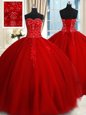Red Quinceanera Dresses Military Ball and Sweet 16 and Quinceanera and For with Beading and Appliques Sweetheart Sleeveless Lace Up