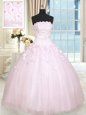 Sleeveless Tulle Floor Length Lace Up Quince Ball Gowns in Baby Pink for with Beading and Appliques