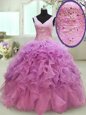 Glittering Lilac Ball Gown Prom Dress Military Ball and Sweet 16 and Quinceanera and For with Beading and Ruffles V-neck Sleeveless Lace Up